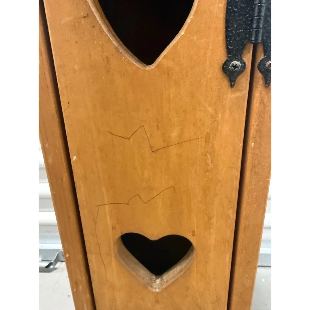 Vintage Rustic Wood Toilet Paper Holder Heart Cutouts Farmhouse Storage Cabinet